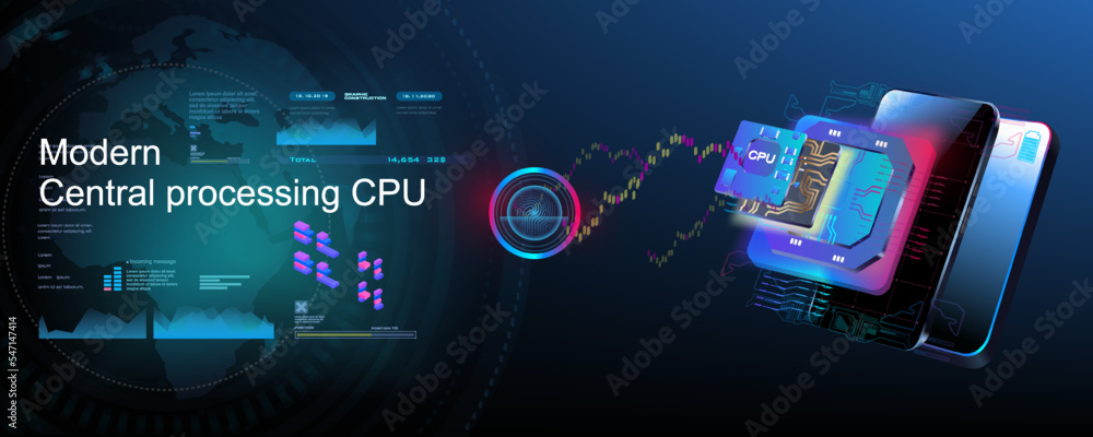 Poster central processing unit on futuristic cyber background. powerful new generation stream processor wit