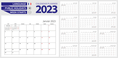 French calendar planner for 2023. French language, week starts from Monday.