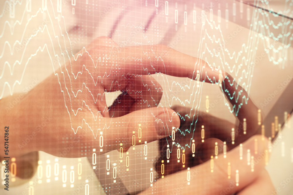 Aufkleber multi exposure of man's hands holding and using a phone and financial chart drawing. market analysis