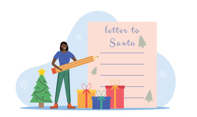 Letter to Santa concept. Woman with pencil write letter for Santa. Gifts and New Year tree. Happy New Year concept. Vector illustration