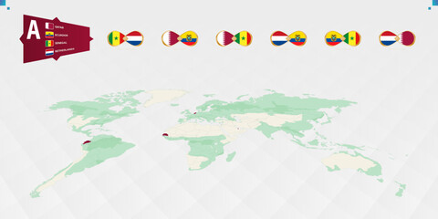 Obraz premium Participants in Group A of the football tournament, highlighted in burgundy on the world map. All group games.