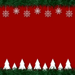 Christmas frame red background with christmas tree and snowflake