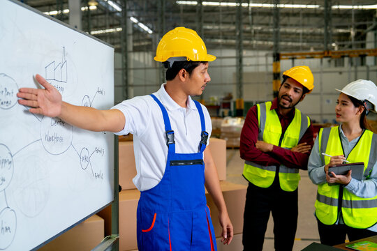 Close up Asian technician worker explain about workflow of their team project to co-worker using whiteboard and discuss in workplace of warehouse.