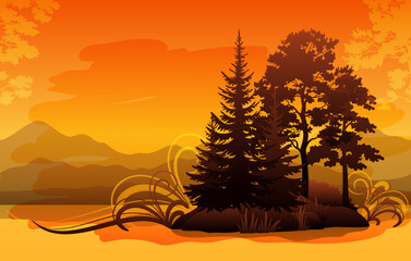 Landscape, Trees and Mountains Silhouettes and Abstract Pattern. Vector