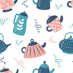 Seamless pattern with cute cartoon teapots. Kettles with different ornament. Tea and coffee or kitchen crockery theme. Vector illustration in flat style on white background.