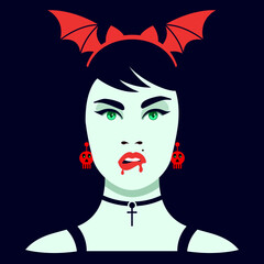 Beautiful young green monster girl, Pop art, retro style, Halloween costume concept, vector with parted lips, Sexy woman lip. Dripping with blood lips on a dark background, Halloween night avatar.
