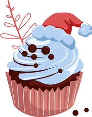 Festive cupcake with heavenly cream and Santa hat on a white background. Vector illustration isolated for a holiday, postcard and print