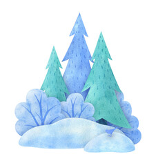 Watercolor winter landscape for background. Illustrations of seasonal nature. Blue snow-covered island with trees, shrubs, snow drifts. Isolated hand-painted image of a piece of forest land