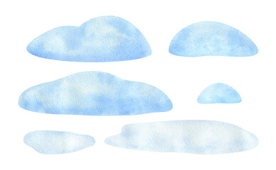 Winter surface. Watercolor illustration of snowdrifts to create decorative compositions. A set of land plots for a complete background design. Isolated clipart of a snow-covered blue island