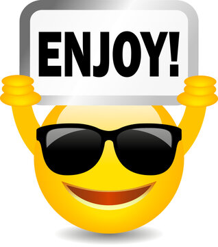 Smiling emoji with Enjoy sign, vector cartoon