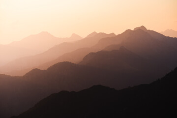 Layers of mountains in the Orobie Alps during sunset, Northern Italy