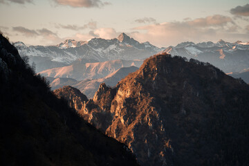 Fototapeta na wymiar Scenic view of the alps and mountains that surround Punta Almana, near Lake Iseo, Northern Italy