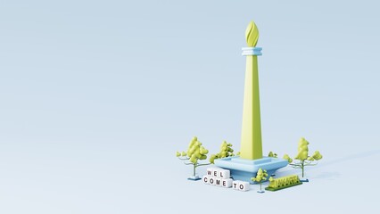 3d illustration Jakarta background city with tree space and Monas as landmark in blue color