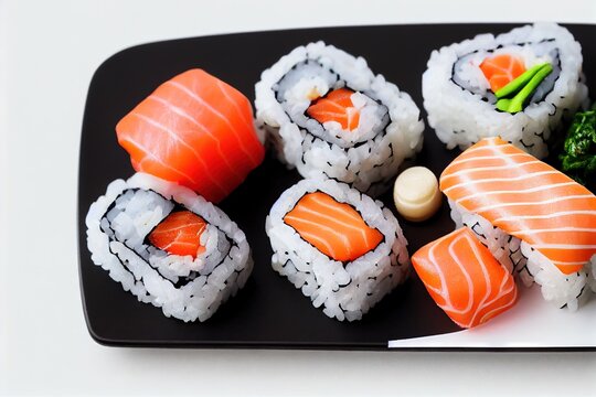 Rolls With Fish Laid Out On Tray In Delicious Sushi Set