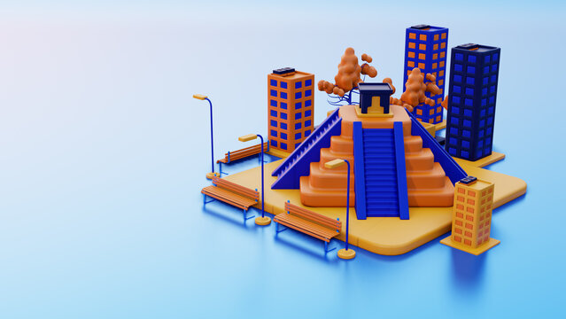 3d illustration Yucatan city view and Chichen Itza as landmark and simple building around