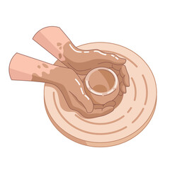 Potter hands makes ceramic clay vase. Realistic vector illustration. Working with clay on pottery wheel. Design for ceramic school and studio. Manufacturing of ceramics. Working with fireclay
