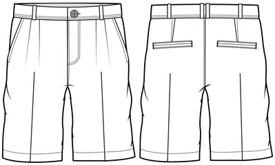 chino shorts flat sketch vector illustration men's short chino pant front and back view technical cad drawing template