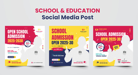 Back to school admission social media post or school admission social media post design template and color combination square web banner set template - obrazy, fototapety, plakaty