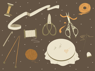 Vector hand drawn sewing retro set. Collection of highly detailed hand drawn sewing tools isolated on background