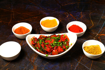 Assorted indian food on black background Indian cuisine Top view 