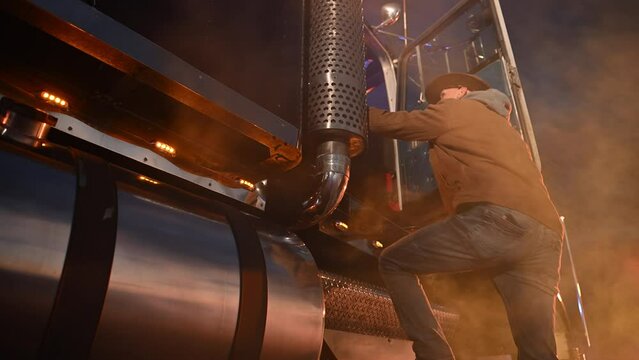 Semi Truck Driver Rest Stop Time During Late Night Hours. Foggy Road Conditions