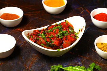 Assorted indian food on black background Indian cuisine Top view 