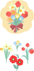  bouquet of spring flowers: poppies, tulips, daffodils, pansies in flat design