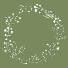 Vector. Merry Christmas and Happy New Year floral background, copy space for text. Rustic circle frame template for Christmas cards, wedding invitations, party invitations. Hand-drawn sketch.