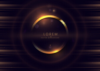 3D gold circle on dark purple background with lighting effect and space for text. Luxury design