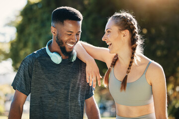 Fitness, laugh and fun with a diversity couple outdoor for exercise together in a park during summer. Sports, workout and training with a man and woman runner outside for health, cardio or endurance
