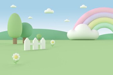 Minimal cartoon landscape background with a rainbow for baby and kid in pastel tone colors. 3D rendering.