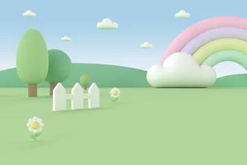 Photo sur Plexiglas Chambre denfants Minimal cartoon landscape background with a rainbow for baby and kid in pastel tone colors. 3D rendering.
