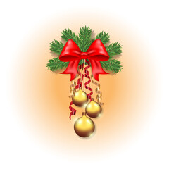 A fir branch with Christmas balls and a golden bell on an isolated background.  Template for text, design elements, places to copy, postcards, social networks, covers, banners. New Year and Christmas.