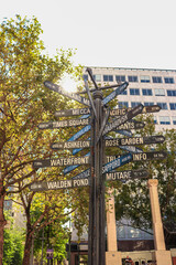 Portland Pioneer Courthouse Square street direction signpost showing distances in miles from cities around the world