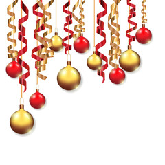 Christmas balls and festive streamers on an isolated background.  Template for text, design elements, places to copy, postcards, social networks, covers, banners. New Year and Christmas.