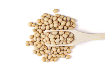Himalayan Navy Beans (Pearl haricot beans, White Rajma). Haricot Beans with wooden spoon