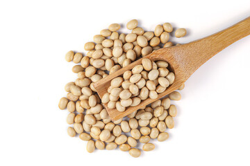 Himalayan Navy Beans (Pearl haricot beans, White Rajma). Haricot Beans with wooden spoon