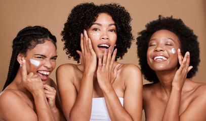 Skincare, beauty and black women, friends and face cream in studio on brown background. Group...
