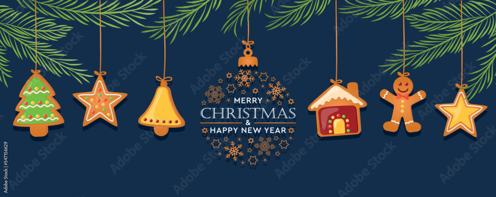 Poster christmas card with hanging gingerbread cookies decoration and fir branches