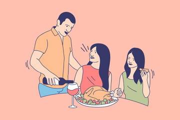 Illustrations of Happy family Eat Turkey for Thanksgiving Day design concept