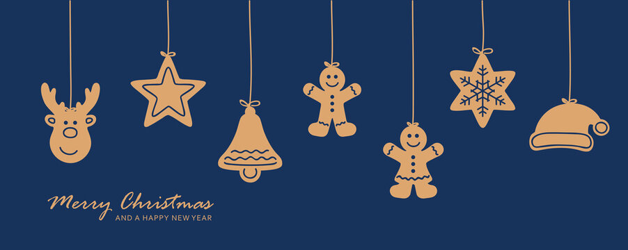 christmas card with hanging gingerbread cookies decoration on blue background