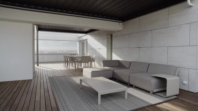 Modern Real Terrace in luxury penthouse with beautiful furniture, Modern real apartment with open space, Beautiful Furniture and Chairs. Minimalist design interior. Modern Terrace with wooden floor.