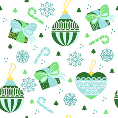 Christmas and New Year. Seamless background with Christmas toys and snowflakes, gifts. Vector color illustration. Wrapping paper.
