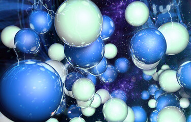 3d abstract blue and white balls, with particles and lightnings.
