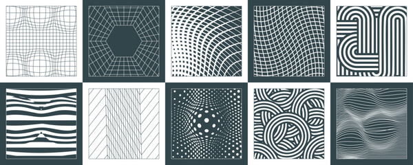 A collection of geometric backgrounds in the brutalism style of simple shapes, lines and swiss bauhaus elements