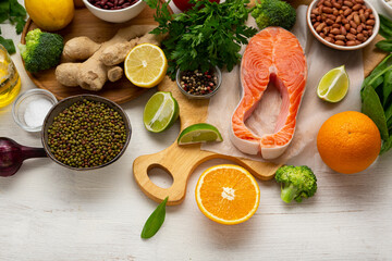 Food background fish salmon spiced and beans cooking concept