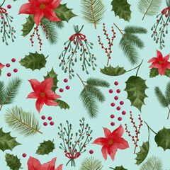 Holly, fir, mistletoes and poinsettia Christmas floral decoration greenery watercolour painting, seamless pattern design illustration on blue background