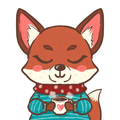 The fox in sweater holdings a cup of coffee, Christmas fox.