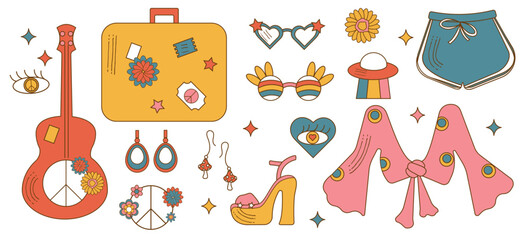 Retro 70s hippie stickers, psychedelic groovy elements. Cartoon funky mushrooms, flowers, rainbow, 
guitar, suitcase, vintage hippy style element vector set.