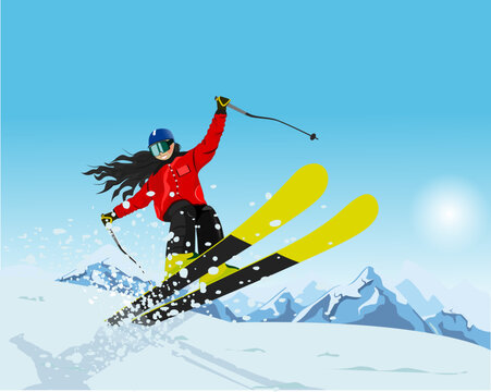 Happy and smiling skier, skiing and jumping in the mountains on skis against the backdrop of mountains. Vector illustration © Kirill